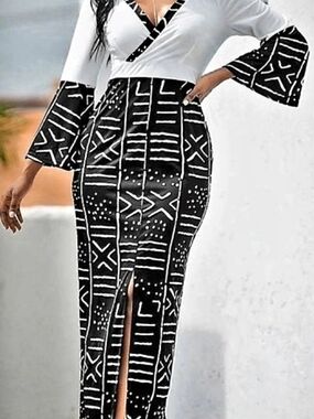 ASHRO Black & White Maxi Dress w/ Tribal Print & Front Slit